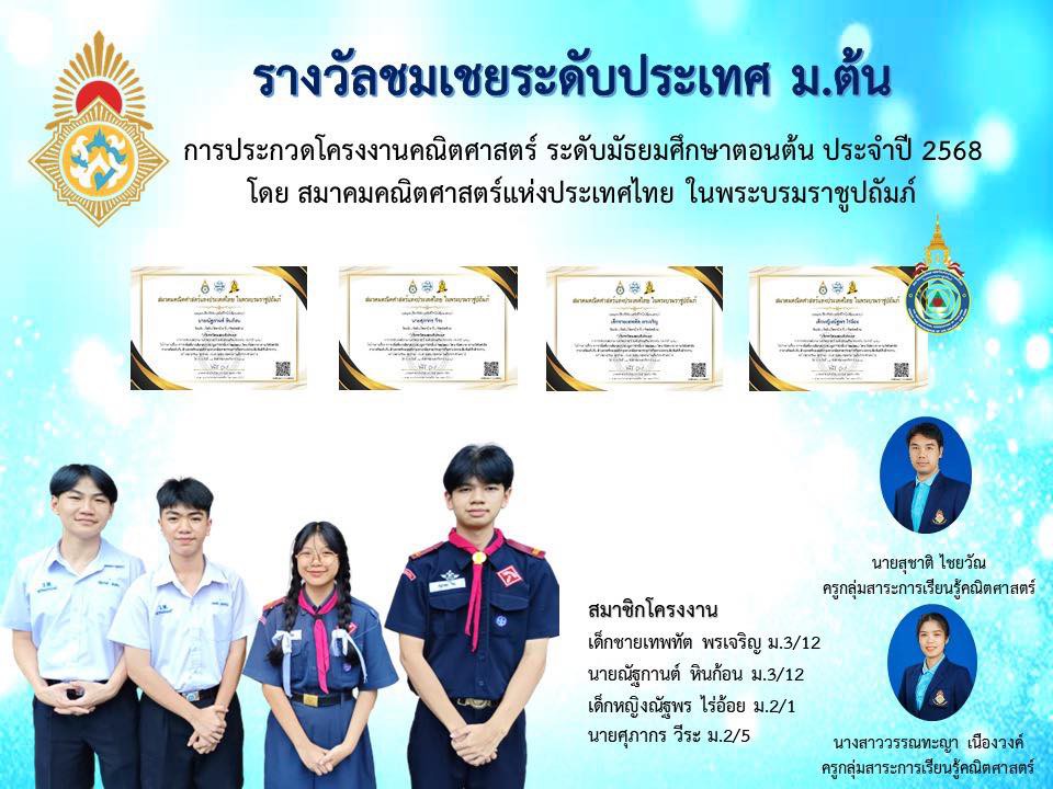 รางวัลชมเชยระดับประเทศ ม.ต้น การประกวดโครงงานคณิตศาสตร์ ระดับมัธยมศึกษาตอนต้น ประจำปี 2568